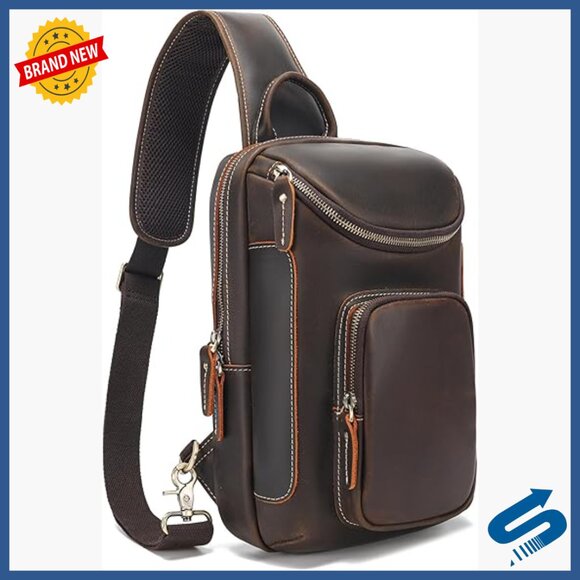 Full Grain Leather Sling Bag Crossbody Chest Daypack Fits 10.5